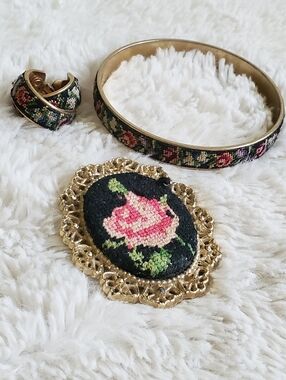 Vintage Petit Point Floral Jewelry Set Brooch Bangle Clip-on Earrings